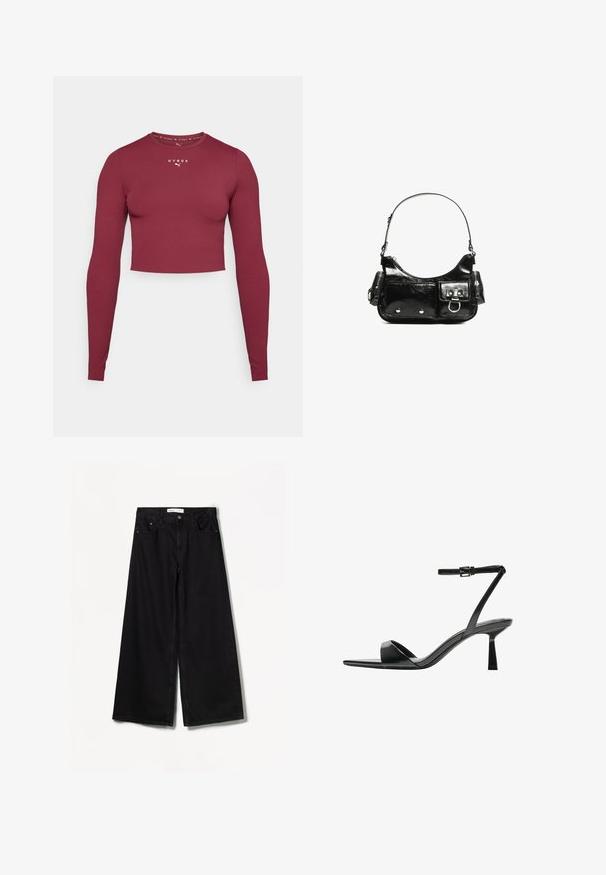 Burgundowy crop top z długim rękawem, wykonany z gładkiego, elastycznego materiału. Posiada okrągły dekolt i małe białe logo na klatce piersiowej.; Bershka WIDE czarny; Bershka - Sandały na obcasie; Czarna torebka z lakierowanej skóry o zaokrąglonym kształcie, z jednym paskiem na ramię, przednimi kieszeniami i akcentami w kolorze srebrnym.