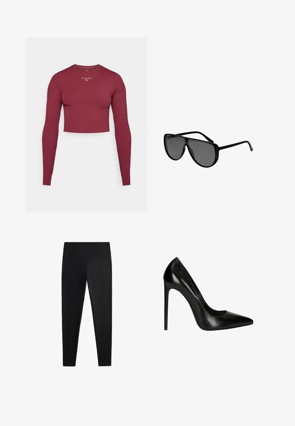 Burgunderfarbener langärmeliger Crop-Top aus glattem, elastischem Stoff. Mit rundem Ausschnitt und kleinem weißen Logo auf der Brust.; Schwarze Leggings aus glattem, dehnbarem Stoff. Mit einem breiten Bund und tailliertem Bein Design, geeignet für aktive oder lässige Kleidung.; Schwarze Leder-Pumps mit hohen Absätzen, spitzer Zehenform und glatter Oberfläche. Verfügt über eine elegante Silhouette und einen Stiletto-Absatz.; Schwarze Übergrößen-Sonnenbrille mit gebogenen Gläsern, Kunststoffrahmen und schlankem Design. Verfügt über einen dunkelgrauen Farbton und schlanke Bügel für einen modernen Look.; Schwarze strukturierte Handtasche aus Leder mit einem oberen Tragegriff, abnehmbarem Schulterriemen und einer Klappe auf der Vorderseite. Akzente in Goldmetall.