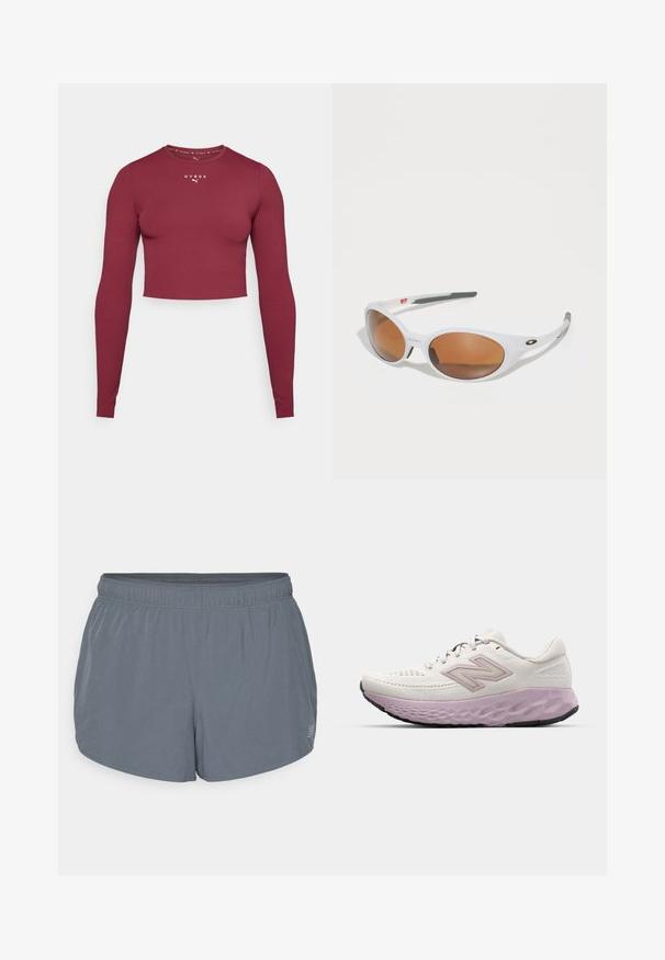 Burgundijos spalvos ilgos rankovės trumpas marškinėliai, pagaminti iš lygaus, elastingo audinio. Turi suapvalintą apykaklę ir mažą baltą logotipą ant krūtinės.; Pilki sportiniai šortai su minkšta tekstūra, elastinga juosta ir šiek tiek išlenktu kraštu. Yra mažos perforacijos, užtikrinančios orui pralaidumą.; Lengvas sportinis batelis baltame tinkle su rožiniu padu. Yra tekstūruotas padas ir šoninis logotipas, sukurtas patogumui ir palaikymui.; Balti saulės akiniai su ruda stiklu, ovalo formos, pagaminti iš lygios plastiko, su pilkais akcentais ant šonų ir logotipu ant rėmo.