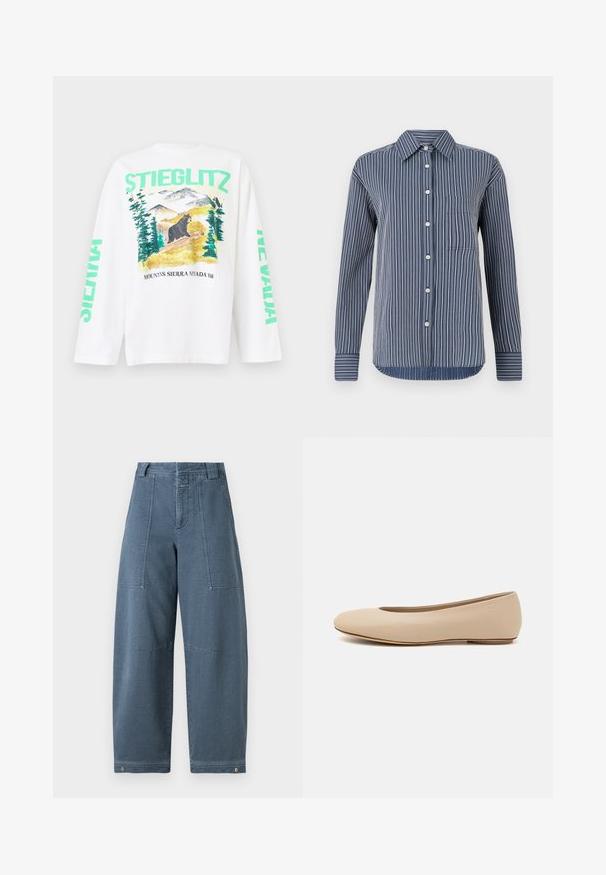 Bílá tričko s dlouhým rukávem, které zobrazuje barevnou horskou scénu s medvědem, a nápisy "STIEGLITZ" a "NEVADA" tištěné zelenou barvou na rukávech.; Košile na knoflíky v námořnické modré a bílé pruhy, dlouhé rukávy, jedna náprsní kapsa a klasický límec, vyrobena z lehkého materiálu.; Denim kalhoty širokého střihu v světle modrém odstínu, s texturovaným povrchem, dvěma předními kapsami a pevnými stehy na lemu.; Béžové kožené baletní byty s kulatou špičkou, minimálním prošíváním, nízkým podpatkem a decentním logem na zadní straně. Hladký, matný povrch.
