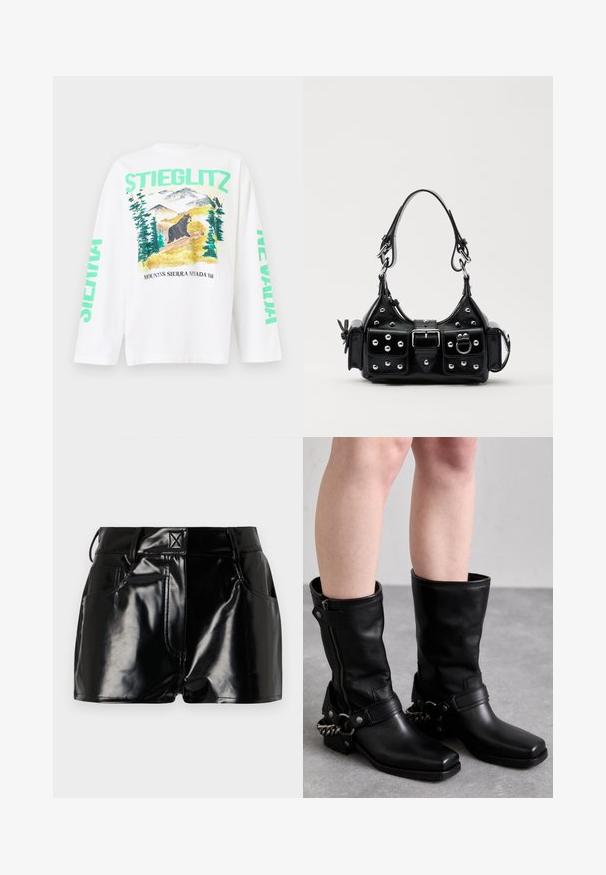 Bílá tričko s dlouhým rukávem, které zobrazuje barevnou horskou scénu s medvědem, a nápisy "STIEGLITZ" a "NEVADA" tištěné zelenou barvou na rukávech.; Černé lesklé kraťasy vyrobené z umělého materiálu. Obsahují přiléhavý pas, poutka na opasek a přední kapsy s výraznými švy.; Černé kožené vysoké boty po kolena se čtveratou špičkou, bočním zipem a nastavitelným páskem s kovovým řetízkem. Matný povrch a pevná podrážka.; Černá kožená kabelka s křivkovým designem, zdobená stříbrnými hřebíky, s přezkou a dvěma bočními kapsami. Nastavitelný popruh pro různé možnosti nošení.