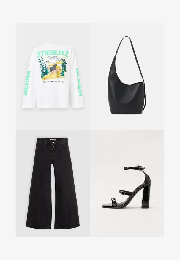 Hvit langermet t-skjorte med et fargerikt fjellmotiv med en bjørn, og "STIEGLITZ" og "NEVADA" trykket i grønt på ermene.; Vide benbukser i sort denim med glidelås i front, fem-lomme design og subtile sømdetaljer. Glatt tekstur og avslappet stil.; Svart høyglans sandaler med hæl, firkantet tå, ankelremmer og sølvspenner. Har en kraftig blokkhæl for stabilitet.; Svart lær hobo-veske med glatt tekstur, buet form og enkelt justerbart stropp; har en bred åpning på toppen.