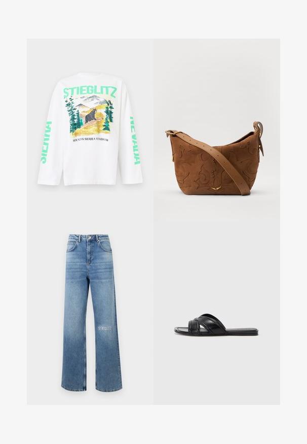 Tricou alb cu mânecă lungă, prezentând o scenă montană colorată cu un urs, și inscripțiile "STIEGLITZ" și "NEVADA" imprimate în verde pe mâneci.; Jeans de denim de culoare albastru deschis, cu croială largă, featuring talie înaltă, design cu cinci buzunare și broderia "STIEGLITZ" pe coapsa stângă.; Sandale negre cu un finisaj din piele netedă, având curele încrucișate și detalii decupate, cu o talpă plată și flexibilă.; Geantă de umăr din suede maro cu un design floral embosat, completată de o curea din piele maro netedă și accente din metal auriu.
