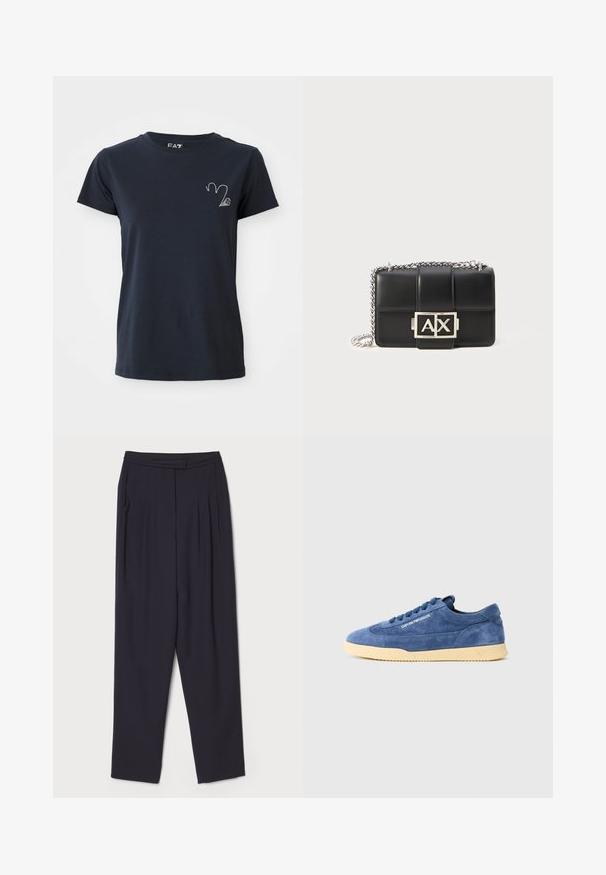 Tums zili kokvilnas T-krekls ar apaļu kakla izgriezumu, kas rotāts ar mazu sudraba rhinestone dizainu kreisajā krūšu daļā. Īsas piedurknes, standarta stils.; Tumši jūras zilās bikses, izgatavotas no mīksta auduma, ar krokām un taisni piegrieztu dizainu, standarta jostasvietu un sānu kabatām.; Zilās zamšādas zemas kedas ar krēmkrāsas zoli, šņorēm un "EMPORIO ARMANI" logotipu sānos, nofotografētas uz vienkārša baltā fona.; Melnas ādas rokassomu ar quiltēta dizaina, sudraba ķēdes siksnu un izteiksmīgu sudraba "AX" logotipu priekšpusē. Kompaktā taisnstūra forma.