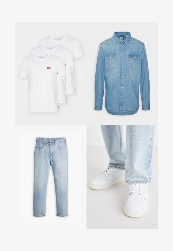 Levi's® GRAPHIC TEES 3 PACK - Pamata T-krekls - white; Gai zils džinsu krekls ar garām piedurknēm, norādītu apkakli un divām krūšu kabatām. Iespējama pogu aizdare un izliekta apakšmala.; Gaiši zili džinsi ar taisnu kāju dizainu, piecu kabatu stilu un kontrastējošu diegu. Pogas un rāvējslēdzēja aizdare jostasvietā.; Biezi balti ādas apavi līdz potītei ar perforētu purngalu, plakaniem šņorēm un minimālistisku dizainu. Saskaņoti ar gaiši ziliem džinsiem.