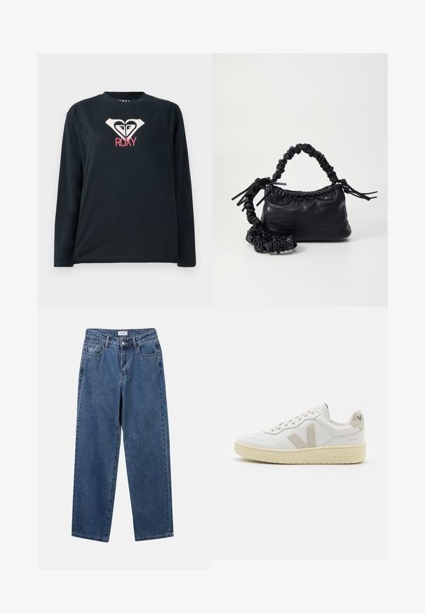 Melna garām piedurknēm T-kreklā no kokvilnas, ar balto sirds logotipu, kurā ir divas sejas, un apakšā ir rozā krāsā rakstīts "ROXY".; Klasiskie zili džinsi ar taisnu kāju dizainu, pieciem kabatām un pogu aizdari. Iezīmējas ar vidēju mazgāšanu un izturīgu tekstūru.; Baltas ādas sporta apavu pāris ar bēšiem zamša akcentiem, caurumiņu purngalā, plakanu šņorēšanu un teksturētu krēmkrāsas zoli. Iezīmējas ar diskrētu zīmolu uz papēža.; Melnā mākslīgās ādas rokassoma ar krokodila rakstu, savilkta augšdaļa un saburzīta siksna. Izskatās mīksta un kompakta pēc dizaina.