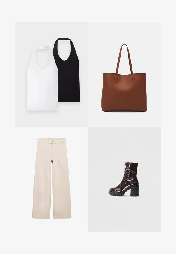 Dve bezrukávové tričká s výstrihom do V, jedno biele a jedno čierne, vyrobené z hladkej látky so jednoduchým dizajnom a bez viditeľných vzorov alebo ozdôb.; Beige široké džínsy s vysokým pásom, s gombíkovým zapínaním, prednými vreckami a rozstrapkaným lemom. Vyrobené z denimu.; Lesklé burgundské kotníkové boty s robustním černým podpatkem, s hladkou strukturou a jednoduchým designem. Bez viditelných zapínání nebo vzorů.; Hnedá kožená taška na rameno s hladkou textúrou, otvoreným vrchom a dvoma ramenými popruhmi. Má minimálne šitia a žiadne viditeľné kovania.