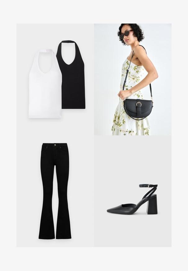 Divi bez piedurknēm V-veida kakla topi, viens balts un otrs melns, izgatavoti no gludas auduma ar vienkāršu dizainu un bez redzamām rakstu vai rotājumu detaļām.; Melni augsta jostas šorti ar pogu un rāvējslēdzēju, priekšējām kabatām un izplestām kājām, nolikti uz balta fona.; Melna ādas augstpapēžu kurpe ar norakstīto purngala formu, potītes siksniņu un masīlu papēdi. Gluda tekstūra, elegants dizains un minimālisma estētika.; Melnas ādas rokassoma ar izliekta formu, noņemamu siksnu un zelta aksesuāriem. Somai ir vāciņš ar sprādzes detaļu.