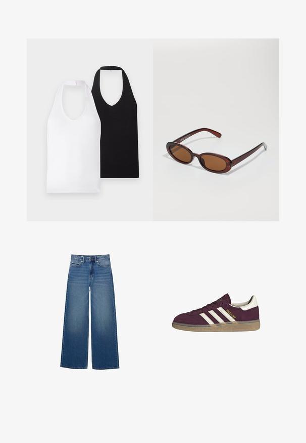 Két ujjatlan, V nyakú atlétatrikó, az egyik fehér, a másik fekete, sima anyagból készült, egyszerű dizájnnal, látható minták vagy díszítések nélkül.; Széles lábú, farmertből készült kék nadrág, magas derékkal, varrásokkal és egy egyszerű, enyhe koptatással.; Burgundi velúr sportcipő fehér három csíkkal és bézs díszítéssel. Jellemzője a texturált gumitalp és az arany logó az oldalon.; Kerek, barna árnyalatú napszemüveg fényes burgundi kerettel. Karcsú karok diszkrét márkázással. Lapos lencse kialakítás.; Barna szőtt bőr kézitáska, amely laza, háromszög alakú. Fonott füllel és felső cipzárral rendelkezik.