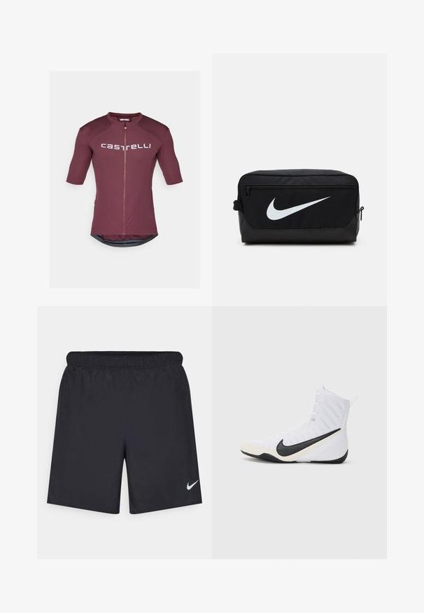 Camisola de ciclismo de mangas curtas em bordeaux profundo com fecho de correr frontal total. Apresenta texto de logótipo em branco e um painel em malha na parte de trás para ventilação.; Calças de desporto pretas feitas de material leve com uma cintura elástica. Apresenta um pequeno logótipo branco da Nike no canto inferior esquerdo.; Tênis desportivo Nike em malha branca com o logotipo preto. Apresenta um design de cano alto, biqueira reforçada e sola preta texturada.; Bolsa de toalete Nike preta com textura suave, apresentando o logo swoosh branco, fecho superior com zíper e um bolso lateral.