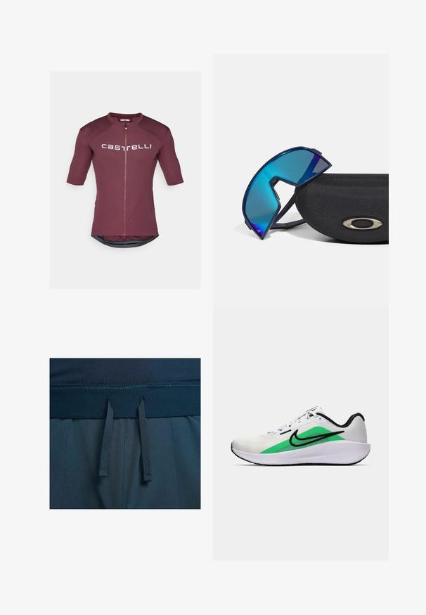 Koszulka rowerowa z krótkim rękawem w głębokim burgundzie z zamkiem na całej długości. Posiada białe logo oraz tylny panel siatkowy dla wentylacji.; Ciemnoniebieskie spodenki sportowe z gładkim pasem, regulowanymi trokami i teksturowanym materiałem.; Białe buty sportowe z zielonym akcentem, czarnym logo, siateczkową cholewką, amortyzowaną podeszwą i zaokrąglonym obcasem. Posiada sznurowadła i kontrastowe wykończenie.; Niebieskie okulary przeciwsłoneczne w sportowym stylu, z efektem wraparound, leżące na teksturowanym czarnym etui z metalowym akcentem logo.