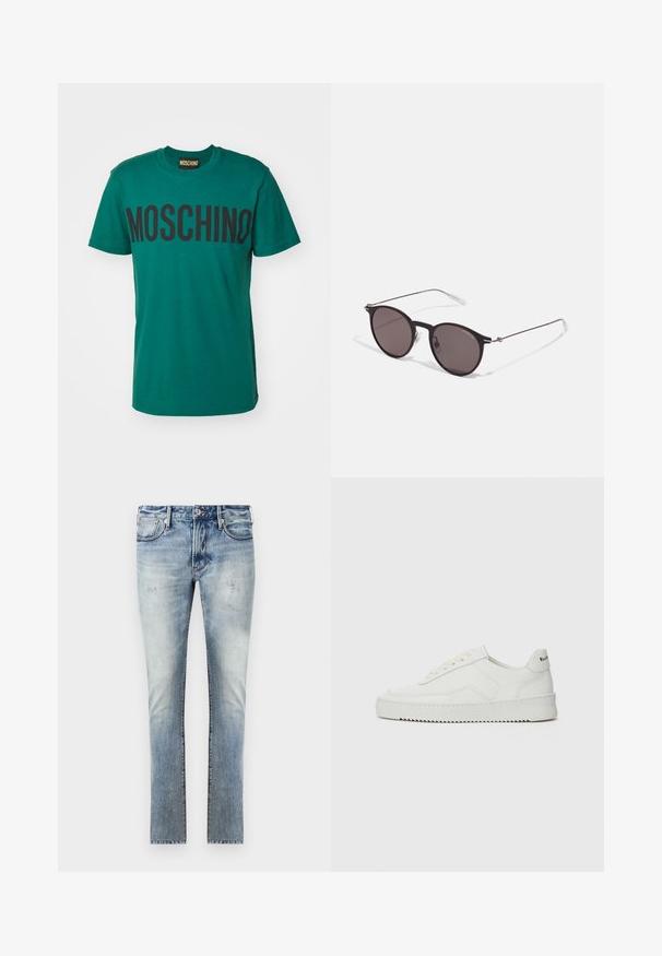 MOSCHINO Marškinėliai su spaudiniu - verde; Šviesiai mėlyni džinsai su nuvalytu paviršiumi, aptemptas fasonas, penki kišenės ir kontrastingos siūlės.; Balti odiniai sportiniai bateliai su lygia apdaila, apvaliu pirštu, plokščiais raišteliais ir tekstūruotu padu. Pasižymi subtiliu logotipu ant kulno.; Juodos apvalios saulės akinių su tamsiais lęšiais ir plonomis metalinėmis šakomis. Įtraukti skaidrūs šventyklų galai ir sidabriniai akcentai vyrio srityje. Minimalistinis dizainas.