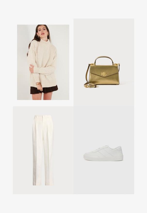 Beige kõrge kaelusega soe, ribadega mansettide ja alumise servaga. Ülekaaluline lõige pehme tekstuuriga. Kombineeritud pruuni seeliku jaotusega.; Polo Ralph Lauren HEMP WIDE LEG PANT - Püksid - nevis; Valge nahast sneaker, millel on lamedad paelad, ümar nina ja peened õmblused. Omab tekstureeritud tallat ja reljeefset brändi logo kanna juures.; Kuldmetallist käekott struktureeritud disainiga, ülemise käepideme ja eemaldatava õlapaelaga, ning kullast logo riistvara esiküljel.