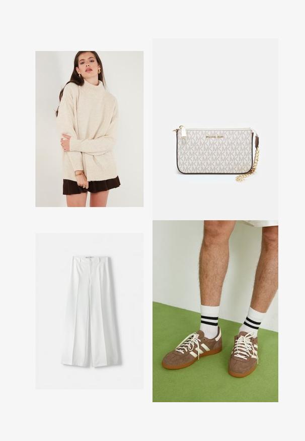 Bež džemper s visokim ovratnikom, rebrastim manžetama i rubom. Oversized kroj s mekim materijalom. Uparen s smešnim suknjom.; Bershka WIDE-LEG TAILORED - Hlače - white; Smeđe nubuk tenisice s bijelim detaljima i vezicama. Gumeni potplat. Nosene s bijelim čarapama s crnim prugama. Zeleno teksturirano pod.; Michael Kors novčanik na zapešću u bež premazanoj tkanini s ponavljajućim uzorkom MK loga, zlatnim hardverom i odvojivim lancem za nošenje.