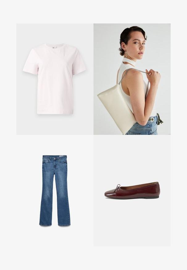 Light pink short-sleeve t-shirt made of cotton, featuring a round neckline and a relaxed fit. Smooth texture with no patterns or accents.; Blue denim flared jeans with a mid-rise waist, two front pockets, and a stitched waistband. Soft texture and traditional five-pocket design.; Burgundy patent leather ballet flat with a rounded toe, small bow accent at the front, and a low, black rubber sole. Smooth texture.; White rectangular clutch bag made of glossy material, featuring a silver chain strap. Model poses, showcasing the bag against a plain background.