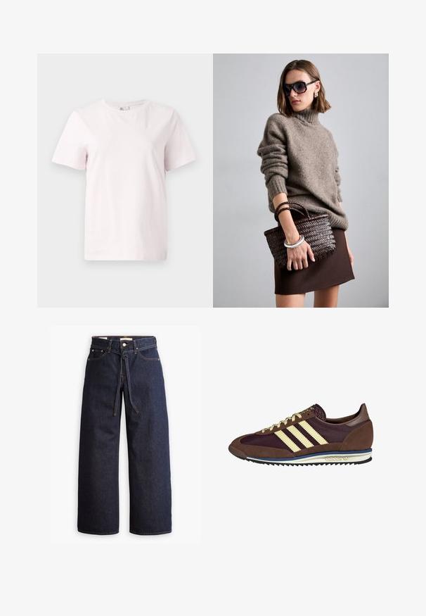 Gaiši rozā īsām piedurknēm t-kreklam, kas izgatavots no kokvilnas, ar apaļu kakla izgriezumu un brīvu piegriezumu. Gluda tekstūra bez rakstiem vai akcentiem.; Plati zili džinsi ar augstu jostasvietu, ar šnaukaša saišu, piecām kabatām un kontrastējošiem šuvju akcentiem.; Brūni un bordo sporta apavi ar zamšādām un sieta materiāliem, ar trim krēmkrāsas svītrām, teksturētu audumu uz mēles un gumijas zoli.; DRAGON DIFFUSION MINI FLAT GORA - Rokassoma - dark brown