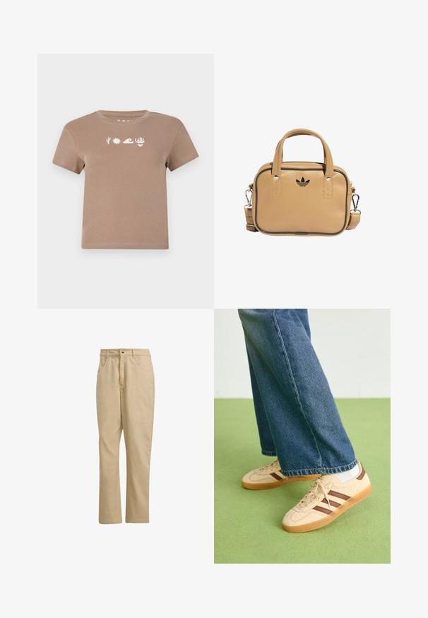 Brown cotton t-shirt with a crew neckline. Features white graphic elements: a cactus, sun, wave, hand, and heart. Short sleeves.; Khaki cotton trousers with a straight cut, featuring a front button closure, two side pockets, and minimal branding on the front.; Beige sneakers with textured cream panels and brown stripes, paired with blue denim jeans. The jeans have a wide leg and frayed hem.; Tan vegan leather bag with two handles, detachable shoulder strap, black accent stitching, and a small black logo on the front.