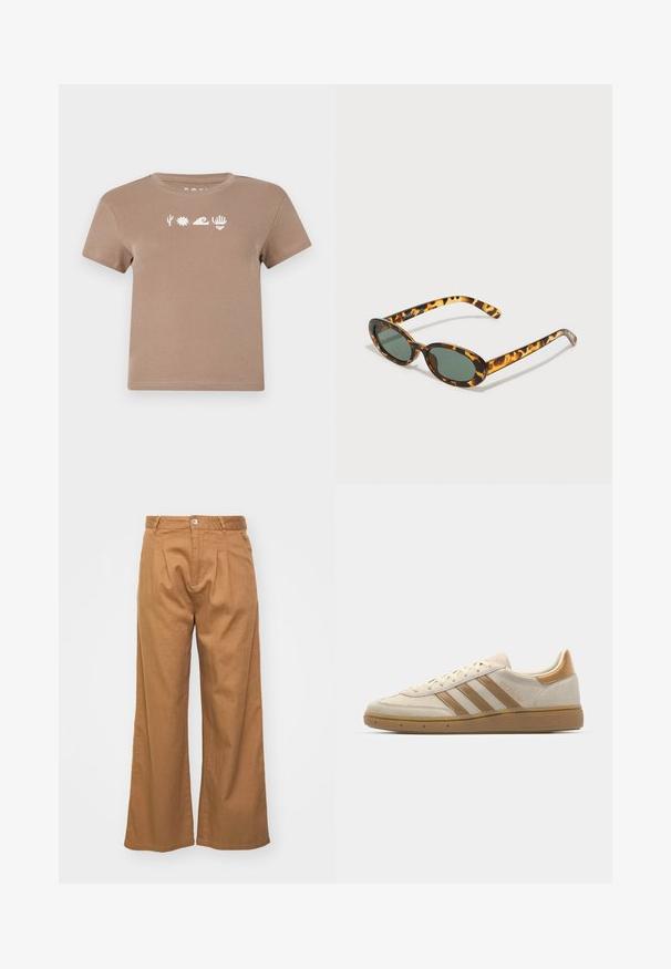 T-shirt de algodão castanho com decote redondo. Apresenta elementos gráficos brancos: um cacto, sol, onda, mão e coração. Manga curta.; Calças largas de tom castanho claro com um tecido texturizado, apresentando pregas frontais e um fecho com um único botão na cintura.; Sapatilha em camurça bege com acentos em castanho claro. Apresenta três riscas castanhas, sola de borracha texturizada e design de bico arredondado.; Óculos de sol de tartaruga com armações ovais, lentes verde-escuras e hastes delgadas. Apresenta um logótipo subtil na haste.