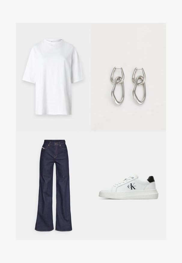 White cotton t-shirt with a round neckline, short sleeves, and a loose fit. The fabric appears smooth and slightly lightweight.; Dark blue wide-leg jeans in denim fabric with a high waist, featuring orange stitching, five-pocket design, and a button closure.; White low-top sneaker with black heel tab, platform sole, laces, and Calvin Klein "CK" logo on the side.; Calvin Klein STATEMENT LINKS - Earrings - silver-coloured