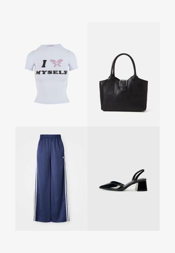 Bijela majica kratkih rukava s crnim natpisima "I" i "MYSELF" te ružičastim dizajnom leptira od rhinestona. Prilagođen kroj.; Mornarsko plave hlače širokih nogavica s vertikalnim bijelim prugama, elastičnim pojasom i tri bijele pruge duž svake strane, izrađene od laganog materijala.; Crne lakirane kožne sandale s otvorenom petom i špicastim vrhom, s geometrijskom blok petom. Imaju elegantan, minimalistički dizajn i glatku teksturu.; Crna kožna torba za nošenje s glatkom teksturom, strukturiranim oblikom, dvije ručke i istaknutim srebrnim kopčanjem na prednjoj strani.