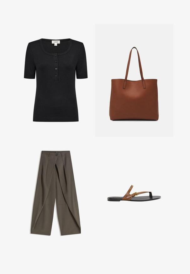 Svart kortärmad topp med rund halsringning, ribbad textur och knappslå med fyra knappar. Material- och sömnadsdetaljer är synliga.; Breda byxor i en strukturerad, mörkgrå tyg. Har en framfålla, knäppning med knapp och sidofickor för praktisk användning.; Breda läder flip-flop sandal med ett guldspänne, platt svart sula och minimalistisk design, med en slät textur.; Brun läder tote-väska med en slät textur, öppen toppdesign och två axelremmar. Har minimal söm och ingen synlig metalldetalj.