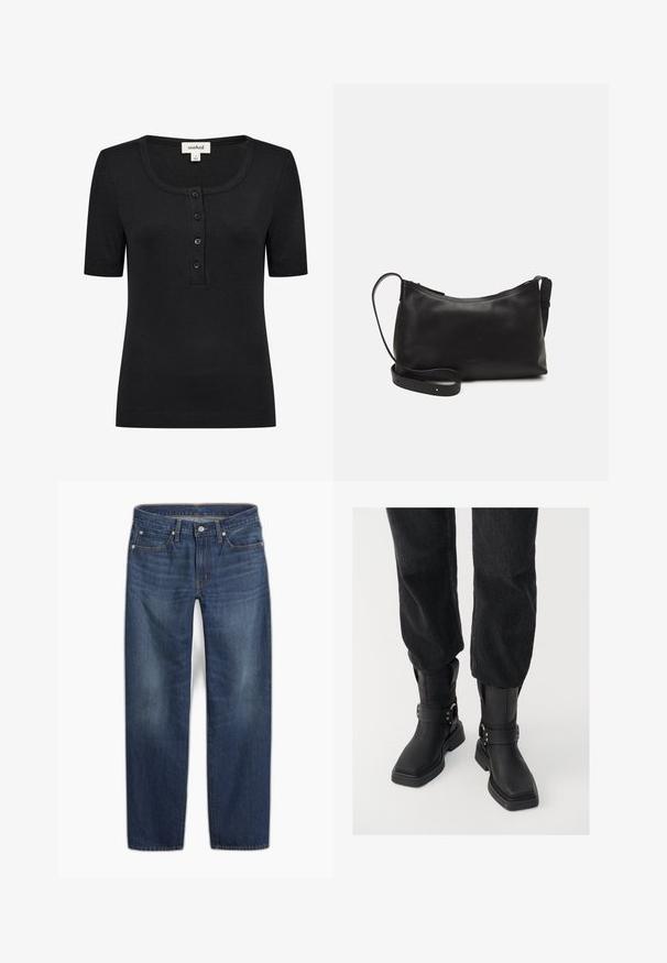 Black short-sleeve top with a round neckline, ribbed texture, and four-button placket. Materials and stitching details are visible.; Dark blue denim jeans with a straight leg design. Features include a button closure, five pockets, and subtle fading in the fabric.; Black leather ankle boots with a square toe, featuring a wide strap and metal buckle detail. The boots have a chunky sole and smooth texture.; Black leather shoulder bag with a smooth texture, curved shape, adjustable strap, and a zip closure. Minimalist design without embellishments.