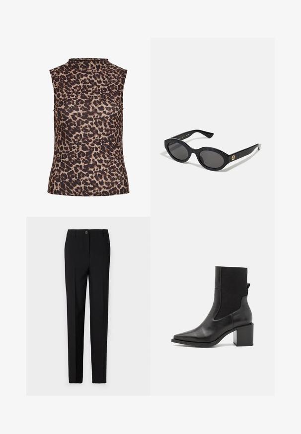 Majica bez rukava s leopard uzorkom, s visokim ovratnikom. Izrađena od glatkog, rastezljivog materijala u smešnim i bež tonovima.; Crne krojene hlače s ravnim krojem, koje imaju kopčanje na gumb i petlje za remen, izrađene od glatkog materijala.; Crne gležnjače s šiljastim nosom, izrađene od glatke kože i elastične tkanine. Imaju blok petu i minimalistički dizajn.; Crne ovalne sunčane naočale s tamnim staklima i sjajnim plastičnim okvirom. Sadrže zlatni logotip na sljepoočnici, što pruža elegantan i moderni dizajn.; Plava torba s uzorkom izrađena od tkanine, s konveksnim oblikom, crnim kožnim remenom i dizajnom loga u svjetlijoj nijansi.