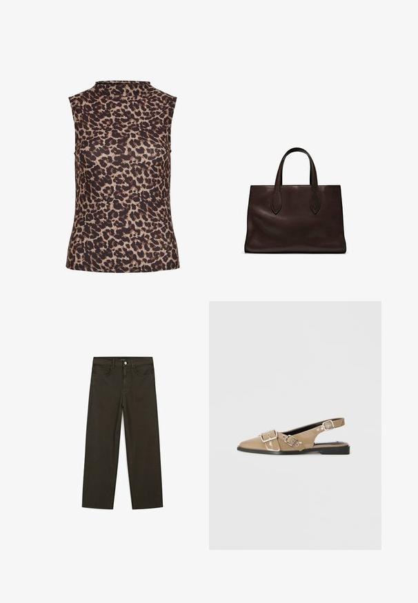 Ärmelloses Top im Leopardenmuster mit einem hohen Kragen. Hergestellt aus einem glatten, dehnbaren Stoff in einem Braun- und Beigeton.; Dunkelgrüne Jeans im weit geschnittenen Style, hergestellt aus einem Baumwollgemisch. Sie verfügen über einen Frontknopfverschluss, fünf Taschen und klassische Denim-Nähte.; Beige patentierte Slingback-Schuhe mit spitzem Zehenbereich, zwei verstellbaren Schnallen und einem niedrigen schwarzen Absatz. Glatte Textur mit glänzender Oberfläche.; Braune Ledertasche mit zwei langen Griffen, strukturierte rechteckige Form, glatte Textur und dezente Nähdetails.