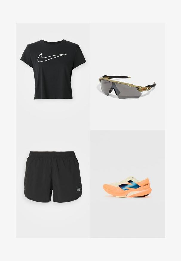 T-shirt cropped preto com um grande logo swoosh branco da Nike no peito, mangas curtas e colarinho estilo crew neck.; Calções de treino pretos com um cós elástico, feitos de tecido leve. Apresenta um pequeno logotipo cinza no lado inferior direito.; Sapatilha de corrida com um cabedal leve em creme, marcação azul e detalhes laranja na sola. Textura em malha para maior respirabilidade.; Óculos de sol desportivos com uma armação padrão verde, braços pretos e lentes cinzentas. O design apresenta um estilo envolvente com uma forma ousada e desportiva.