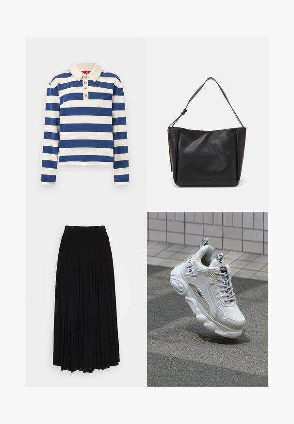 Raitapaita, jossa on leveät laivaston siniset ja kermaiset raidat, kauluksellinen kaula-aukko ja viisi koristekappaletta edessä. Pitkät hihat.; Musta plyytilaakkohame, jossa on korkea, joustava vyötärö. Valmistettu pehmeästä kankaasta, jossa on pystysuoria plyysit, jotka luovat virtaavan siluetin.; Valkoiset tennarit, joissa on verkko- ja nahkamateriaaleja, pyöreä kärki, paksu pohja, erottuvat nauhat sekä brändäys kantapäässä ja kielessä.; Calvin Klein GRACIE MEDIUM - Käsilaukku - black