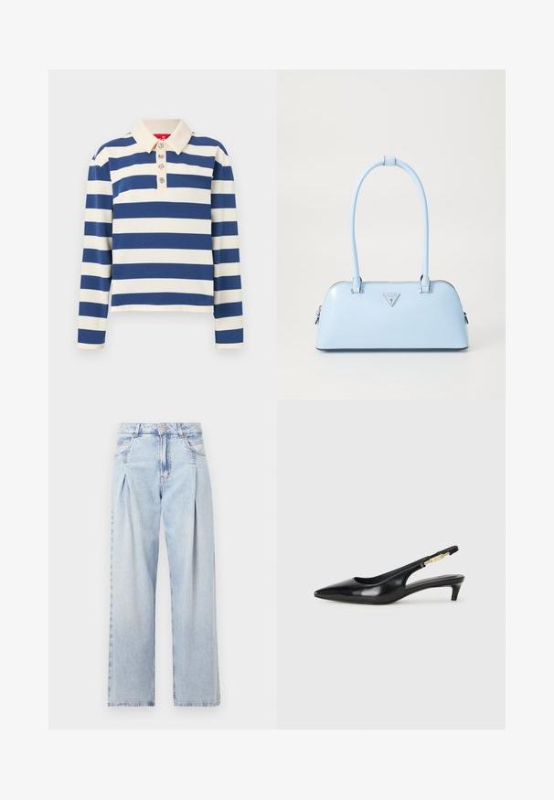 Polo w paski z szerokimi granatowymi i kremowymi paskami, z kołnierzykiem i pięcioma dekoracyjnymi guzikami z przodu. Długie rękawy.; Jasnoniebieskie dżinsy z wysokim stanem, szerokimi nogawkami, dwoma bocznymi kieszeniami oraz plisowanym wzorem. Miękka tekstura z wyblakłym wykończeniem.; Czarne skórzane szpilki typu slingback z ostrym noskiem, posiadające smukły obcas i złoty akcent na regulowanym pasku. Gładka tekstura.; Jasnoniebieska torebka o sztywnym kształcie, wykonana z gładkiej skóry, z dwoma uchwytami i trójkątnym logo marki z przodu. Zamek błyskawiczny.