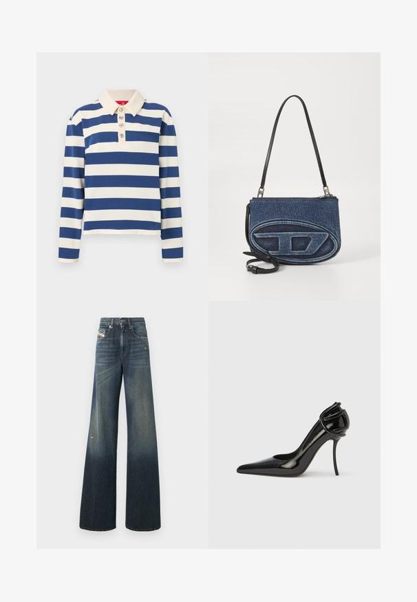 Striped polo shirt featuring wide navy and cream stripes, a collared neckline, and five decorative buttons at the front. Long sleeves.; Wide-leg denim jeans in dark blue with a faded finish, featuring a distressed knee and a classic five-pocket design with a label.; Black patent leather high-heeled shoe with a pointed toe and open back. Features a unique curved accent at the heel. Sleek and glossy finish.; Denim crossbody bag with a black leather strap, oval logo design on the front, and a zip closure at the top. Textured finish.