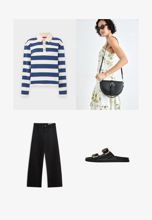 Prugasta polo majica koja sadrži široke mornarsko plave i krem pruge, ovratnik i pet ukrasnih dugmadi sprijeda. Duge rukave.; Crne široke traperice s visokim strukom, s prednjim i stražnjim džepovima, šivenim šavovima i kopčanjem na gumb. Glatka tekstura.; Crne sandale na klizanje s dva zlatna akcenta u obliku kopči, glatkog teksturiranog materijala, ravnim potplatom i minimalističkim dizajnom.; Crna kožna torba s lukovitim oblikom, odvojivim remenom i zlatnim detaljima. Torba ima preklop s kopčom.