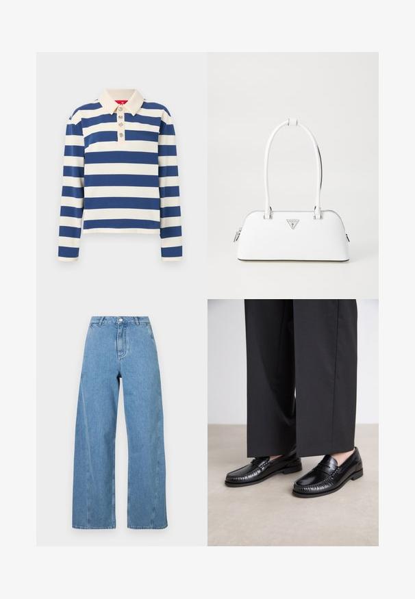 Polo a righe con ampie strisce blu navy e crema, colletto e cinque bottoni decorativi sul davanti. Maniche lunghe.; Jeans a gamba larga di cotone denim di colore blu chiaro, con vita alta, taglio dritto e cuciture a contrasto lungo le cuciture.; Mocassini in pelle nera con una finitura liscia, dettagli cuciti attorno alla punta e suola in gomma bassa. Abbinati a pantaloni neri larghi.; Borsa a mano bianca in pelle con forma curvola, dotata di un logo triangolare argentato e chiusura con zip. Texture liscia e manici doppi.