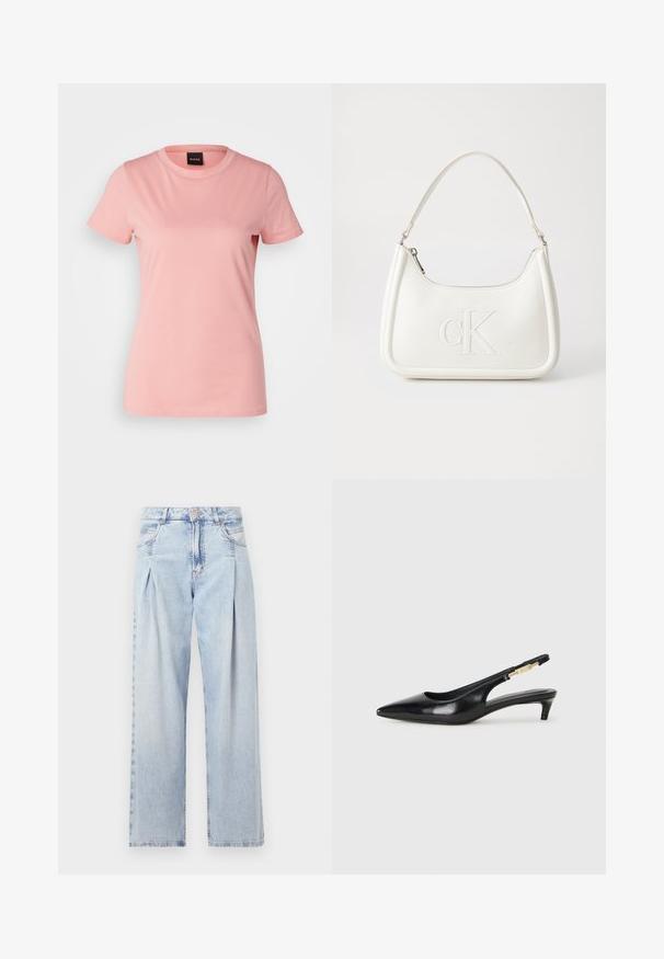 BOSS ELOGO - Marškinėliai su spaudiniu - light pastel pink; Šviesiai mėlyni džinsai su aukštu liemeniu, plačiomis kojomis, dviem šoninėmis kišenėmis ir raukinių dizainu. Minkšta tekstūra su nudilusia apdaila.; Juodas odinis pavasario batelių modelis su smailiu nosiu, turintis siaurą kulniuką ir auksinės spalvos akcentu reguliuojamoje juostoje. Lygi tekstūra.; Balta odinė rankinė su išlenkta forma, su reljefiniu "CK" logotipu priekyje ir viena petneša. Užtrauktuko uždarymas viršuje.