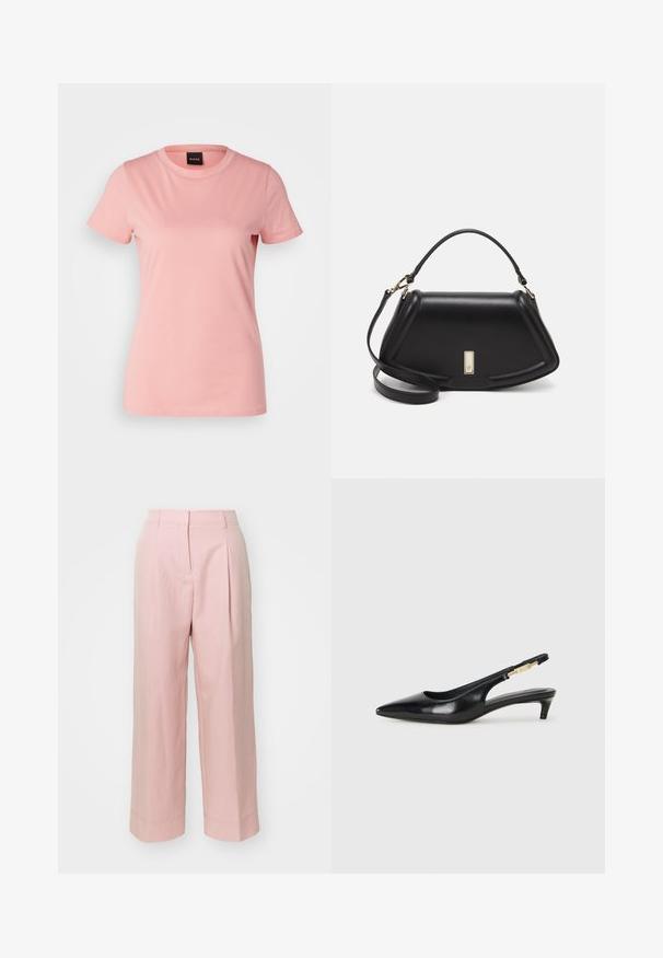 BOSS ELOGO jasnoróżowy; Jasnoróżowe szerokie spodnie z wysokim stanem, fałdami z przodu i przeszytymi detalami przy hemie. Wykonane z gładkiego, lekkiego materiału.; Czarne skórzane szpilki typu slingback z ostrym noskiem, posiadające smukły obcas i złoty akcent na regulowanym pasku. Gładka tekstura.; Czarna skórzana torebka o strukturalnym designie, z przyciętą formą, górnym uchwytem i złotymi akcentami. W zestawie regulowany pasek na ramię.