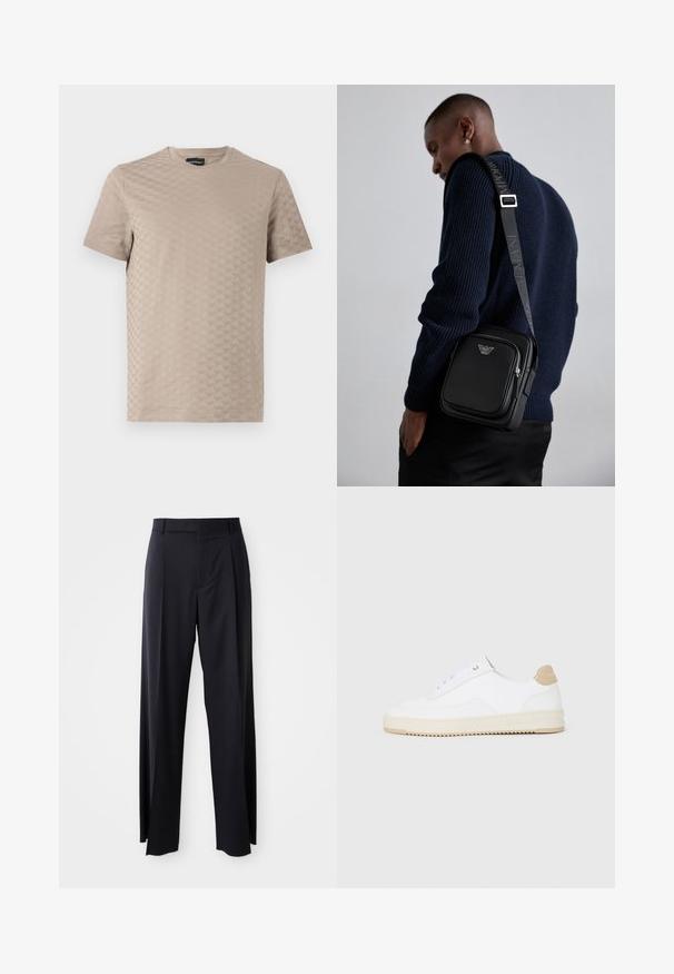 Μπεζ κοντομάνικο μπλουζάκι με διακριτό υφαντό μοτίβο βελών, στρογγυλή λαιμόκοψη και άνετη εφαρμογή. Μαλακό βαμβακερό ύφασμα.; Μαύρο παντελόνι ψηλόμεσο με φαρδιά γραμμή, κατασκευασμένο από απαλό ύφασμα. Διαθέτει πιέτες εμπρός και θηλιές ζώνης. Μινιμαλιστικός σχεδιασμός, χωρίς ορατά αξεσουάρ.; Λευκά sneakers χαμηλού τύπου με άνω μέρος από υφασμάτινο δέρμα, κρεμίζω με λοξές αντιθέσεις και κάλυμμα τακουνιού σε καφέ απόχρωση. Διαθέτουν λευκά κορδόνια και λεπτομέρεια λογότυπου στο τακούνι.; Μαύρη δερμάτινη τσάντα χιαστί με χώρο με φερμουάρ, λεπτομέρεια λογότυπου και ρυθμιζόμενη λωρίδα με επωνυμία. Φοριέται πάνω από ένα υφασμάτινο ναυτικό πουλόβερ.