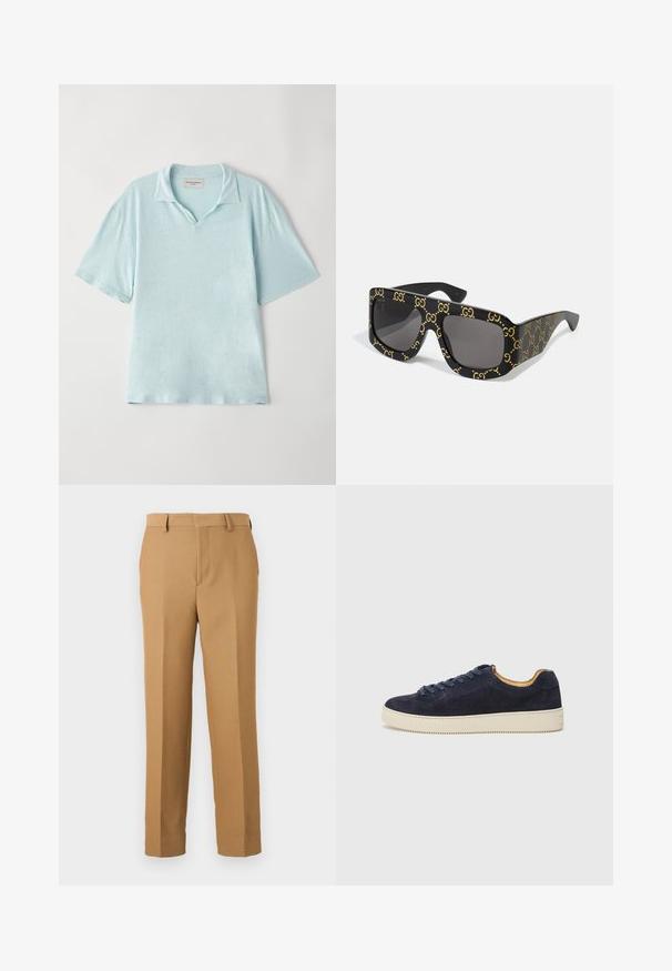 Polo shirt azzurro chiaro a maniche corte con colletto e una vestibilità morbida. Tessuto morbido e testurizzato con un delicato motivo mélangé.; Pantaloni beige in tessuto tessuto, con taglio dritto, frontale piatto e passanti per cintura. Texture liscia senza motivi visibili.; Sneaker bassa in suede blu navy con punta tondeggiante, suola in gomma bianca sporca e lacci abbinati; presenta un rivestimento interno a contrasto in tonalità tan.; Occhiali da sole neri con montatura quadrata oversize caratterizzati da un motivo ripetuto con il logo dorato "GG". Lenti grigie con una texture liscia.