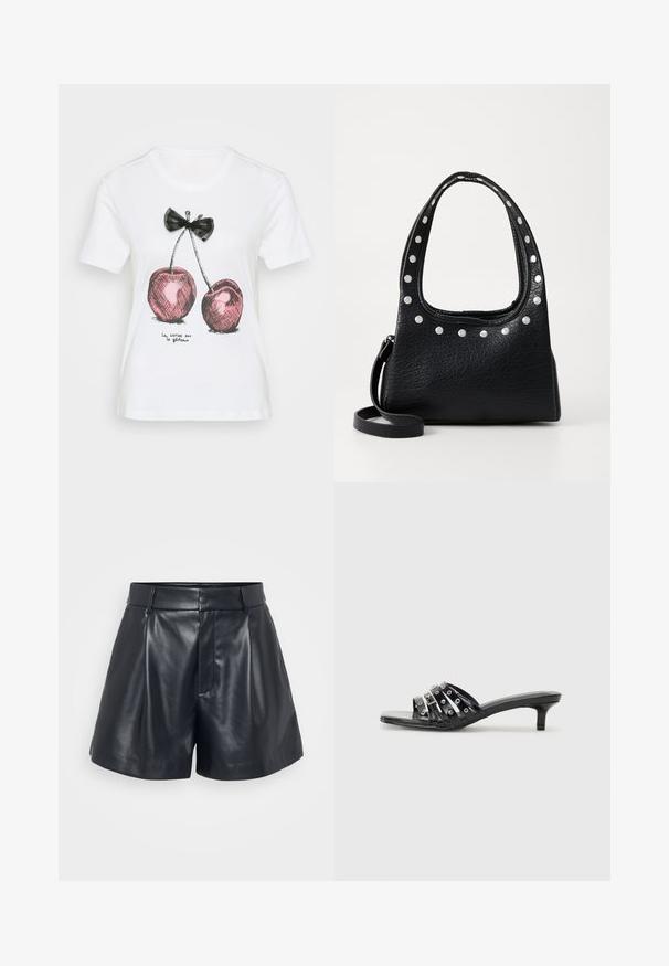 Tricou alb din bumbac, cu un imprimeu de fundă neagră și cireșe roz cu contururi negre. Textul de sub design spune "la cerise sur le gâteau".; Pantaloni scurți din piele neagră cu o textură netedă, design croit, față pliată și bucle pentru bradă; prezintă un buzunar cu fermoar ascuns pe lateral.; Sandale negre cu toc înalt, dotate cu mai multe curele lucioase și accente metalice, având vârful ascuțit și tocuri mici. Textură netedă.; Geantă din piele texturată neagră, cu bolțuri argintii de-a lungul marginii superioare și a mânerei, având o mână scurtă și o curea detasabilă.; Cercel din argint cu un finisaj polișat, având detalii mici din aur și o formă rotundă, purtat pe lobul urechii.