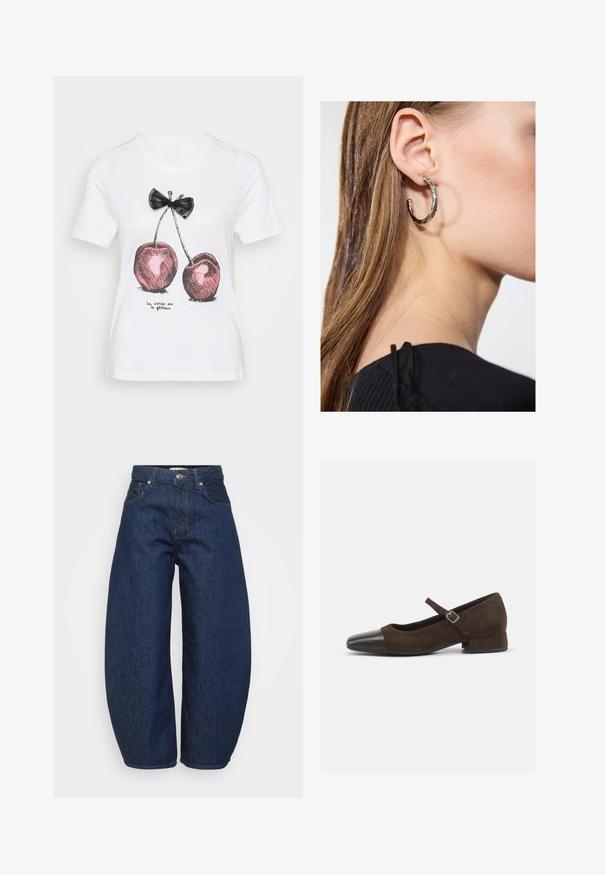 White cotton t-shirt featuring a black bow and pink cherry design with black outlines. Text below reads "la cerise sur le gâteau."; High-waist dark blue denim jeans with wide legs, front button and zipper closure, and classic five-pocket design.; Brown suede Mary Jane shoe with a black patent leather toe cap, adjustable strap, and a low block heel. Smooth texture with minimal accents.; Silver hoop earring with a polished finish, featuring small gold accent details and a round shape, worn on the lobe.