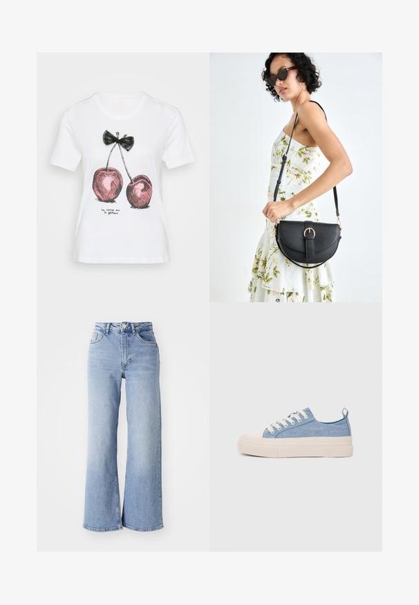 White cotton t-shirt featuring a black bow and pink cherry design with black outlines. Text below reads "la cerise sur le gâteau."; Light blue high-waist wide-leg jeans with front and back pockets, button closure, and subtle fading on the thighs and hems.; Light blue canvas sneakers with a cream rubber toe cap and outsole, featuring white laces and a pull tab on the heel.; Black leather handbag with a curved shape, detachable strap, and gold hardware. The bag features a flap with a buckle detail.