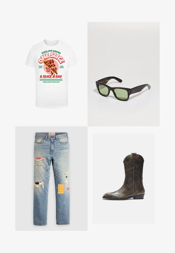Balta T-kreklā ar grafisku attēlu, kurā attēlots picu gabals ar pepperoni, kas papildināts ar krāsainu tekstu un šaha laukuma rakstu apakšā.; Gai zila džinsu bikses ar brīvu piegriezumu, kurām ir nolietotas pleķi dažādās krāsās un rakstos, tostarp oranžos un sarkanos akcentos.; Brūnas ādas kovboju zābaki ar garu kāju, norādītu purngalu, sarežģītām šuvju rakstībām un mazu papēdi. Virsma ar faktūru visā zābakā.; Brūnas bruņurupuča izskata saulesbrilles ar zaļiem objektīviem, kvadrāta formas un metāla akcentiem. Uz kreisās zarnas ir logo. Matēta apdare.