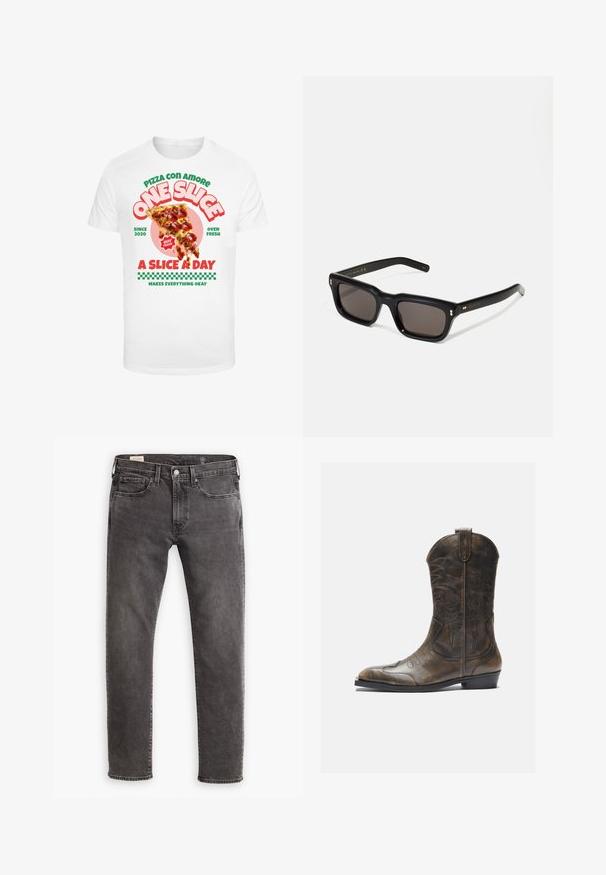 Camiseta blanca con un diseño gráfico de una rebanada de pizza con pepperoni, acompañada de un texto colorido y un patrón de cuadros en la parte inferior.; Jeans de mezclilla gris con corte recto, diseño de cinco bolsillos y cierre de botón. Presenta un ligero desgaste y costuras tonal a lo largo.; Bota de cowboy de cuero marrón con un caña alta, puntera puntiaguda, patrones de costura intrincados y un tacón pequeño. Acabado texturizado en toda la bota.; Gafas de sol rectangulares negras con lentes oscuros, marco de plástico grueso, acentos dorados en las patillas y logotipo de la marca grabado en el brazo.