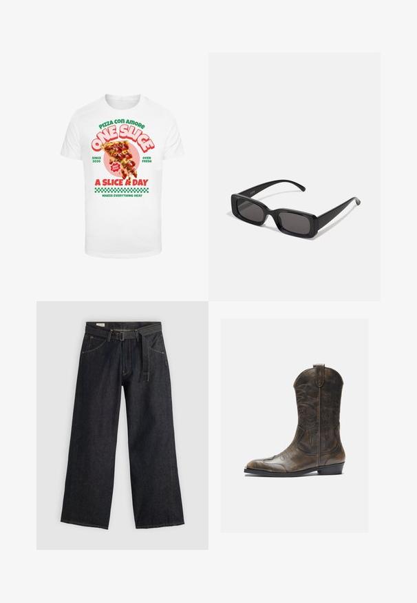 Bílý tričko s grafikou pizzy s pepperoni, doplněné barevným textem a kostičkovaným vzorem na spodním okraji.; Tmavé denimové kalhoty s širokými nohavicemi a páskem v pase, s předními kapsami a kontrastním prošíváním. Hladká textura s čistým designem.; Hnědé kožené kovbojské boty s vysokým sálem, špičatou špičkou, složitými vyšívanými vzory a malým podpatkem. Texturovaný povrch po celé délce.; Černé obdélníkové sluneční brýle s tmavými skly, lesklým povrchem, širokými ramínky a robustním designem rámu. Vytlačený název značky na jednom ramínku.