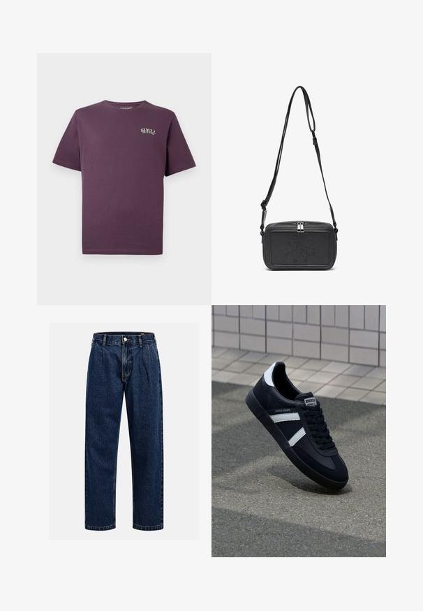 Tmavo fialové bavlnené tričko s krátkymi rukávmi, okrúhlym výstrihom a malým bielym logom 'Spell Bound' na ľavej hrudi.; Tmavo modré džínsy s rovnými nohavicami. Obsahujú viditeľné švy, zapínanie na gombík a predné skladanie pre zvýraznenie detailov.; Čierne kožené tenisky s bielymi pruhmi, textúrovanou gumovou podrážkou a šnurovaním vpredu. Obsahujú označenie značky na jazyku.; Čierna kožená crossbody taška so zipsom, s embosovaným logom na prednej strane a nastaviteľným popruhom. Hladká textura a obdlžníkový tvar.