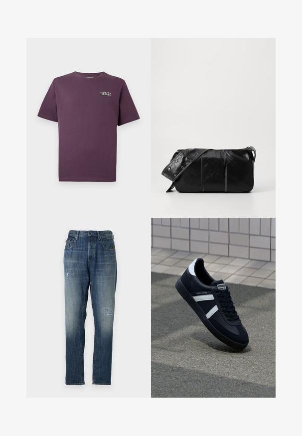 T-shirt en coton violet foncé à manches courtes, col rond et un petit logo 'Spell Bound' en blanc sur la poitrine gauche.; Jeans en denim présentant une couleur bleue délavée, un design à jambe droite, un léger effet usé à l'avant et un style classique à cinq poches.; Sneaker en cuir noir avec des rayures blanches, semelle en caoutchouc texturée et devant à lacets. Présente une étiquette de marque sur la languette.; Sac à épaule en cuir noir avec une fermeture éclair, doté d'un corps texturé, de coutures blanches et d'une sangle avec des œillets en argent.