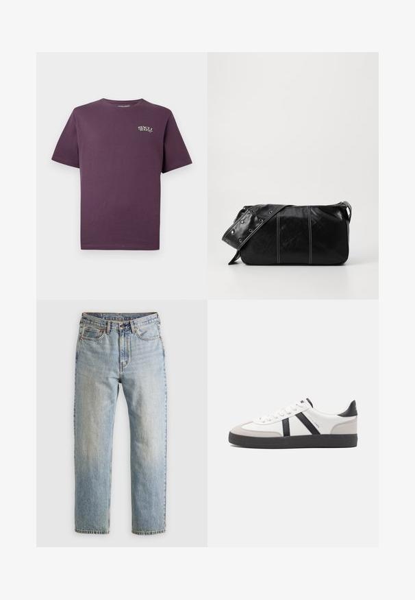 T-shirt di cotone viola scuro con maniche corte, scollatura rotonda e un piccolo logo 'Spell Bound' bianco sul lato sinistro del petto.; Jeans in denim azzurro chiaro con vita alta, bottone anteriore, cerniera e design a cinque tasche, adagiati su uno sfondo neutro.; Sneaker bianco con accenti neri e grigi, dotata di una punta grigia testurizzata, suola in gomma nera e lacci bianchi piatti. Design pulito, stile minimalista.; Borsa a spalla in pelle nera con chiusura a zip, caratterizzata da un corpo testurizzato, cuciture bianche e una tracolla con occhielli in argento.