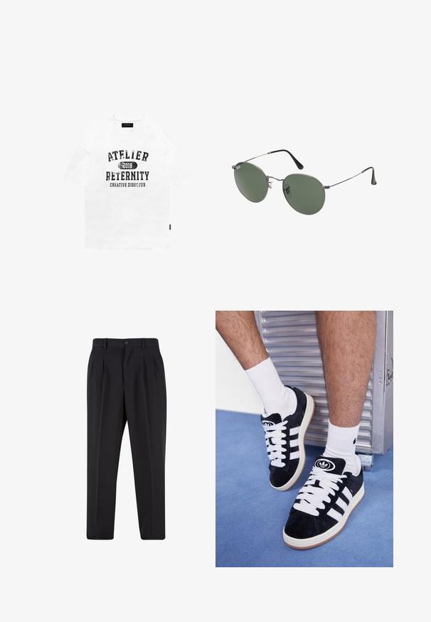 White cotton t-shirt with short sleeves, featuring black distressed text: "ATELIER 2018 RETERNITY CREATIVE DIRECTOR." Simple, relaxed fit.; Black trousers with a pleated front design, made from smooth fabric. Features a button closure and belt loops; straight-leg fit.; Black suede sneakers with white laces and three white stripes. Features a circular black logo on the tongue and a gum rubber sole.; Metal-framed sunglasses with oval green lenses. Thin silver metal frame and black ear tips. Minimalist design, no visible logos.