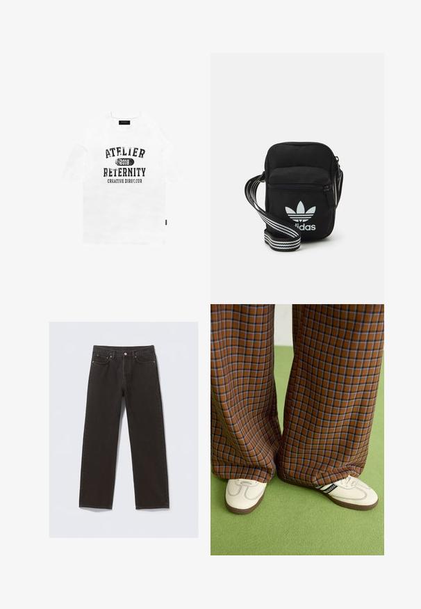 Biely bavlnený tričko s krátkymi rukávmi, zdobené čiernym opotrebovaným textom: "ATELIER 2018 RETERNITY KREATÍVNY RIADITEĽ." Jednoduchý, uvoľnený strih.; Čierne džíny z denimového materiálu so strihom rovného nohavice, piatimi vreckami a meďou sfarbeným prešívaním. Hladká textúra, klasické zapínanie na gombík v páse.; Hnedé a modré kárované nohavice s širokými nohavicami skombinované s bielymi topánkami s čiernymi akcentmi a textúrovanými podrážkami, umiestnené na zelenom pozadí.; Čierna textilná crossbody taška so zipsovým uzáverom, ktorá má biele logo Adidas a pruhovaný nastaviteľný popruh pre jednoduché nosenie.