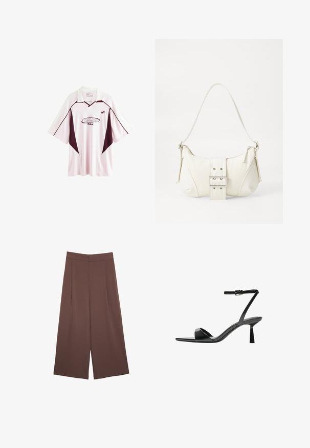 Lys lyserød fodboldtrøje med korte ærmer og mørk maroon detaljer, udstyret med krave, "MILAN" logo og sidepaneler i en kontrastfarve.; Brune bredbunde bukser med en glat tekstur, der har høj talje og plisseringer foran. Stoffet er let og falder løst.; Bershka Højhælede sandaletter / Højhælede sandaler - black; Hvid skuldertaske med en tekstureret overflade, et centralt spænde og en buet form. Lynlåslukninger på begge sider.